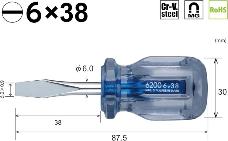 پیچ گوشتی چهارسو مدل (SLOTTED 6*38) 6200 برند وسل VESSEL ژاپن